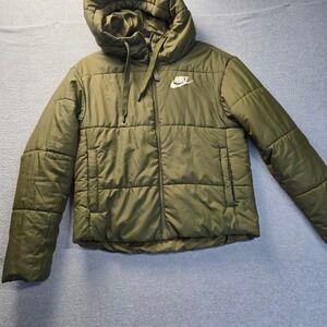 Nike Reversible Puffer Jacket Womens Medium Olive Green Hooded Cropped Swoosh